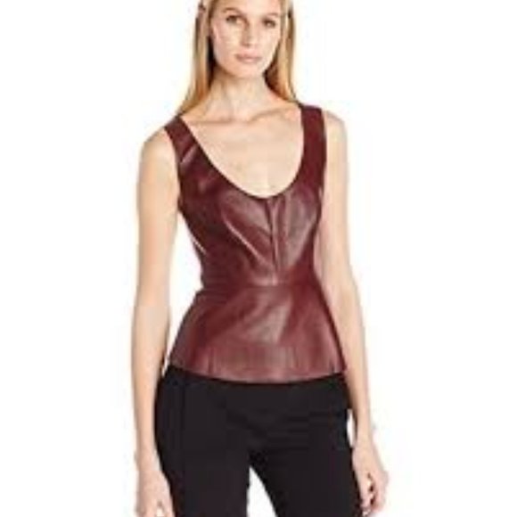 bcbg one shoulder faux leather top